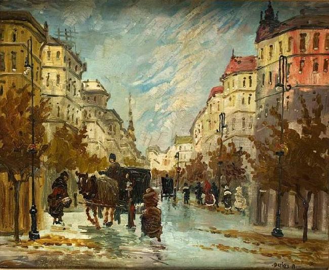 Antal Berkes Street scene with carraiges